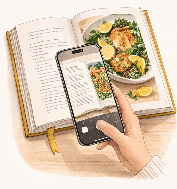 Watercolor illustration of snapping a recipe photo