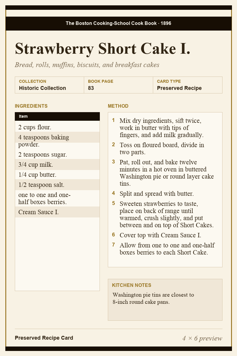 Portrait recipe card preview of Strawberry Short Cake I. from the Fannie Farmer collection