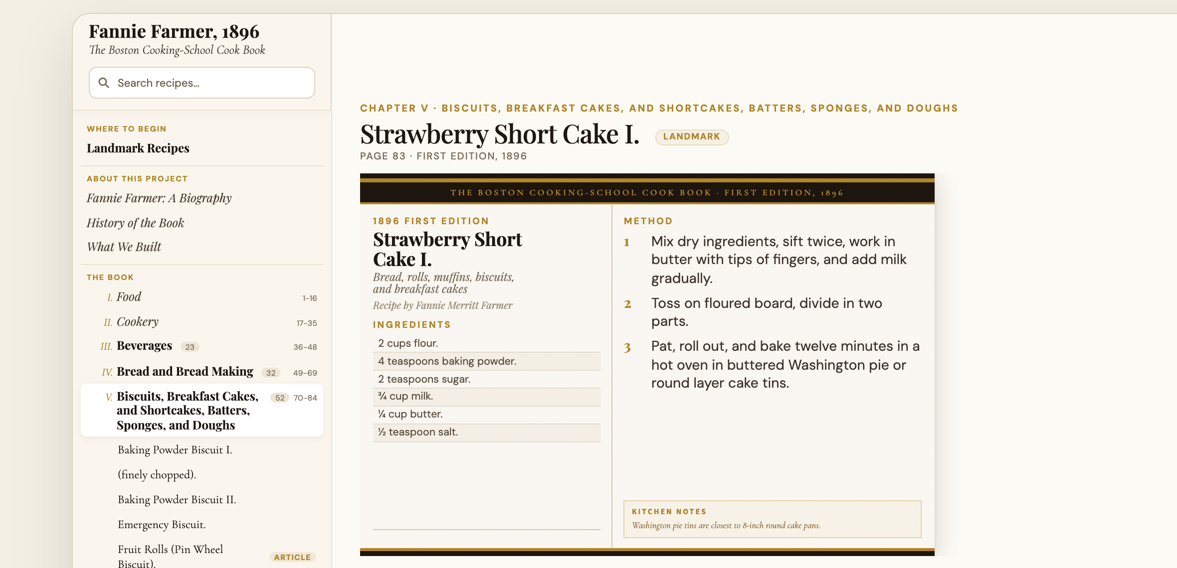 Current live Strawberry Short Cake I. recipe view from the Fannie Farmer collection